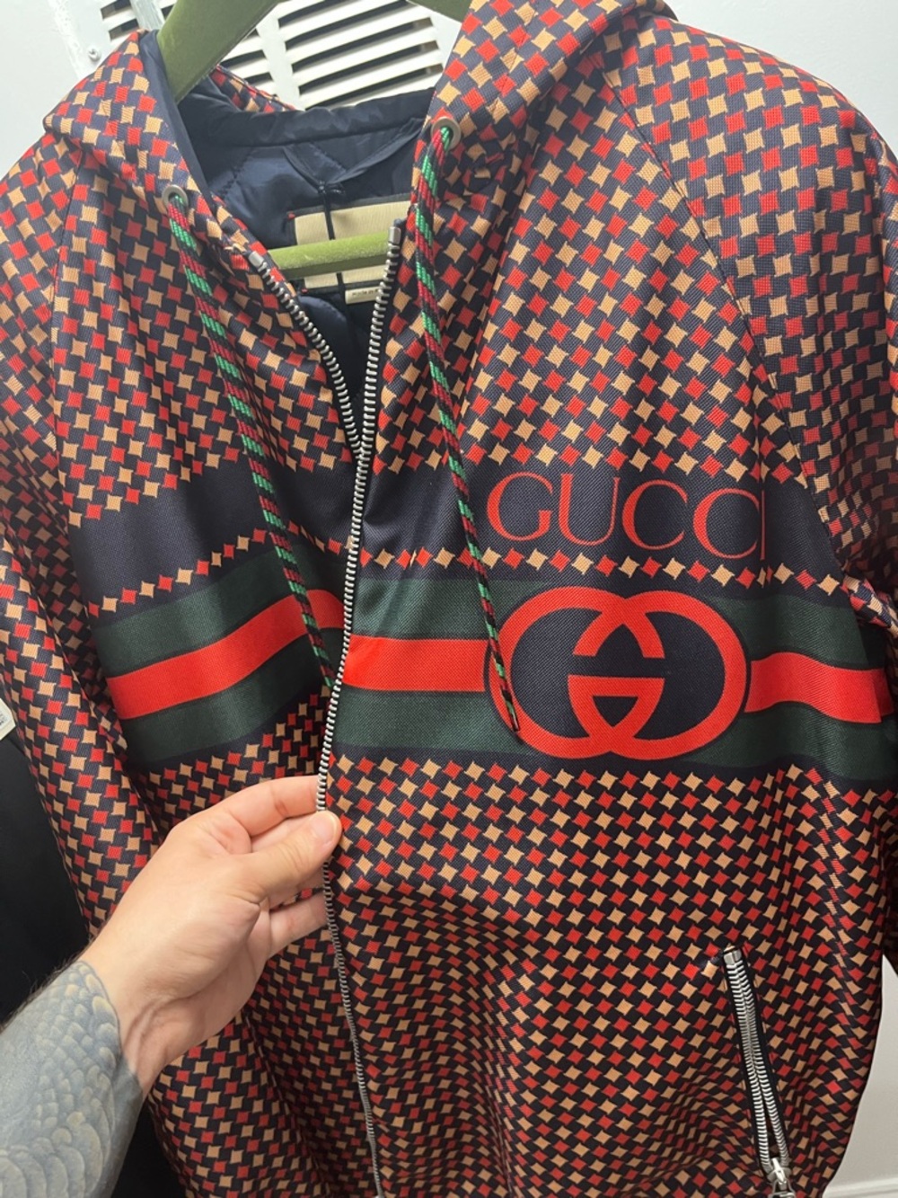 Gucci Men’s Checker Print Hooded Coat Parka Blouson - Picture 3 of 7